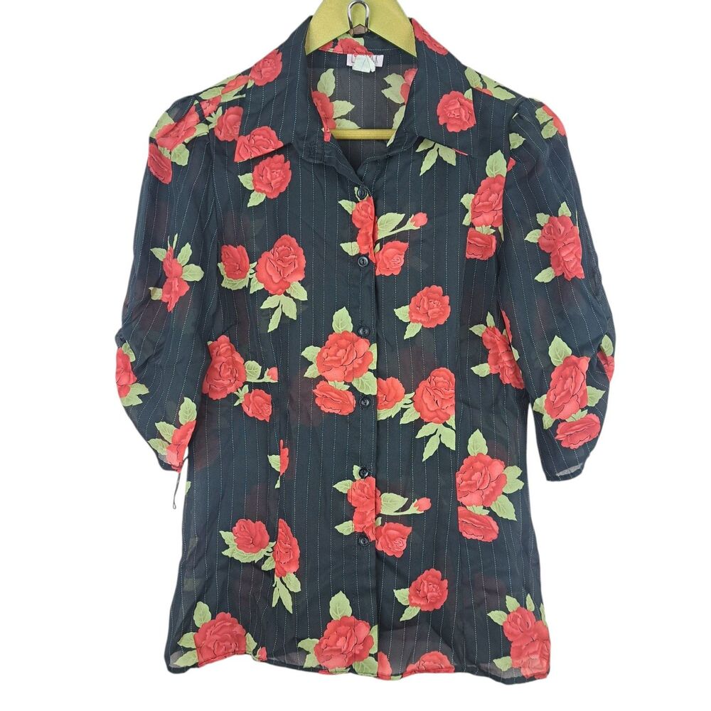 Vintage Lipstick Blouse Sheer Black and Red Roses Size M Half Sleeve Button Up